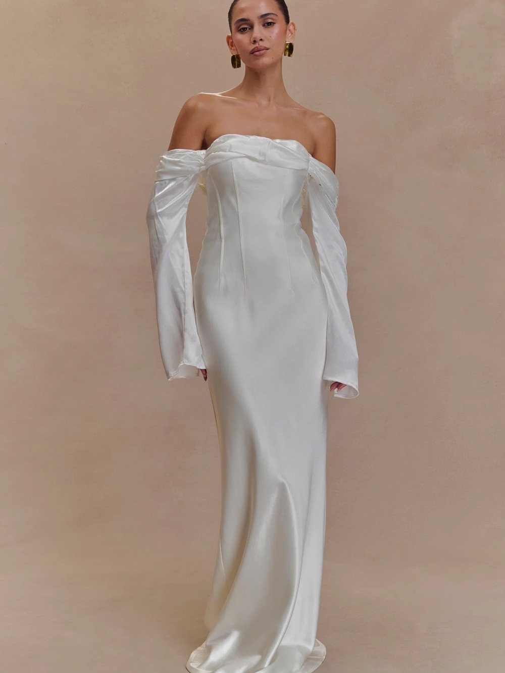 Meshki Off-Shoulder Satin Bridal Gown in Ivory White